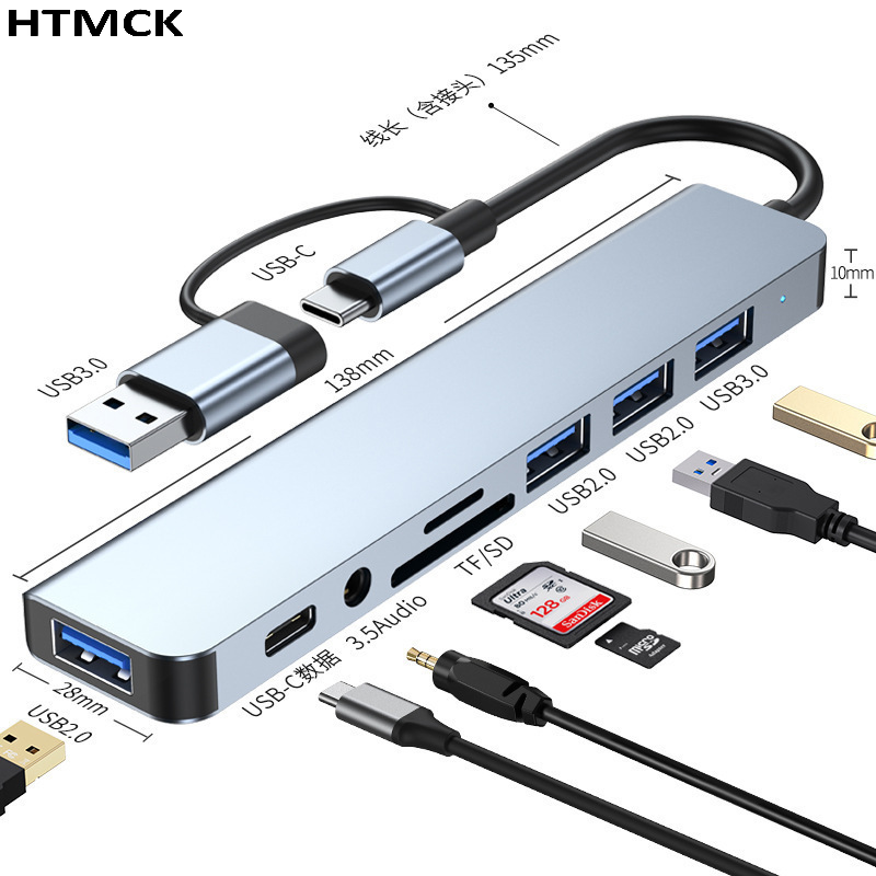 Usb Hub Type C - 8-in-2 USB-C-Multiport-Dockingstation, USB3.0-SD-TF-Kartenleser-Adapter, tragbarer Hub für